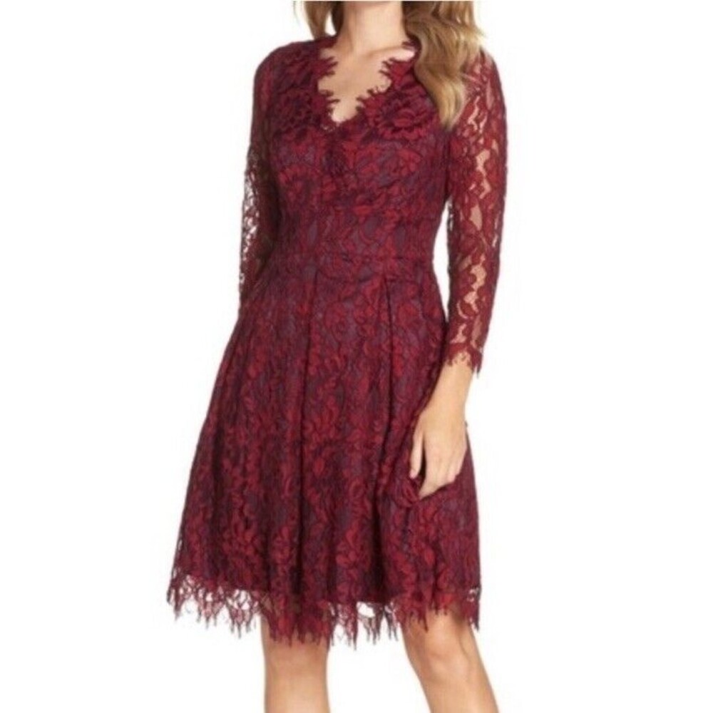 ELIZA J Dress Size 6  Fit and Flare Scallop Lace Cocktail 3/4 Sleeve Pockets
